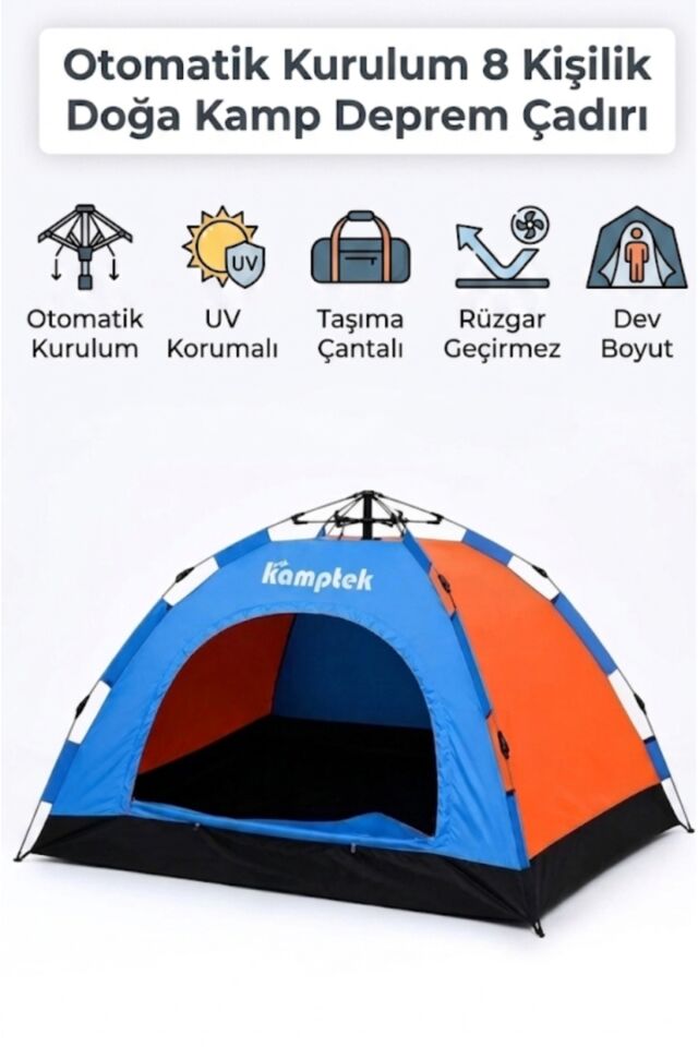 Kamptek Outdoor 8 Kişilik Otomatik Kurulum Kamp Doğa Deprem Acil Durum Çadırı 250x250x165 cm