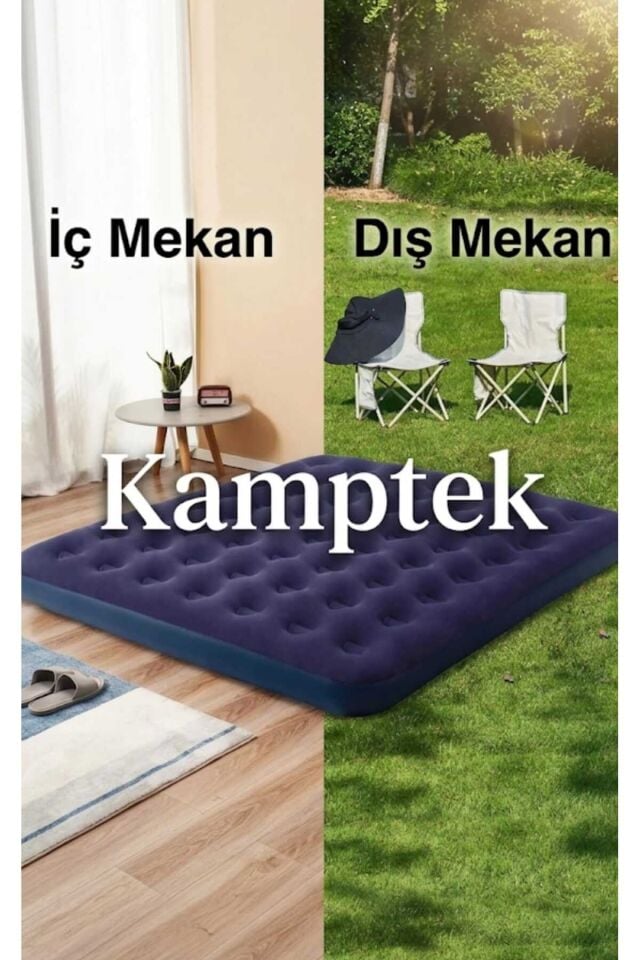 Double Çift Kişilik Şişme Kamp Ev Yatağı - 137x191x22 cm - 200 kg Kapasiteli Floklu Yüzey