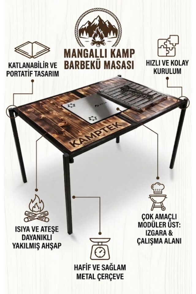 Kamp Masası Barbekü 180° Açılır 2'si 1 Arada Piknik Masası - Izgaralı Kamp Mutfak Masası
