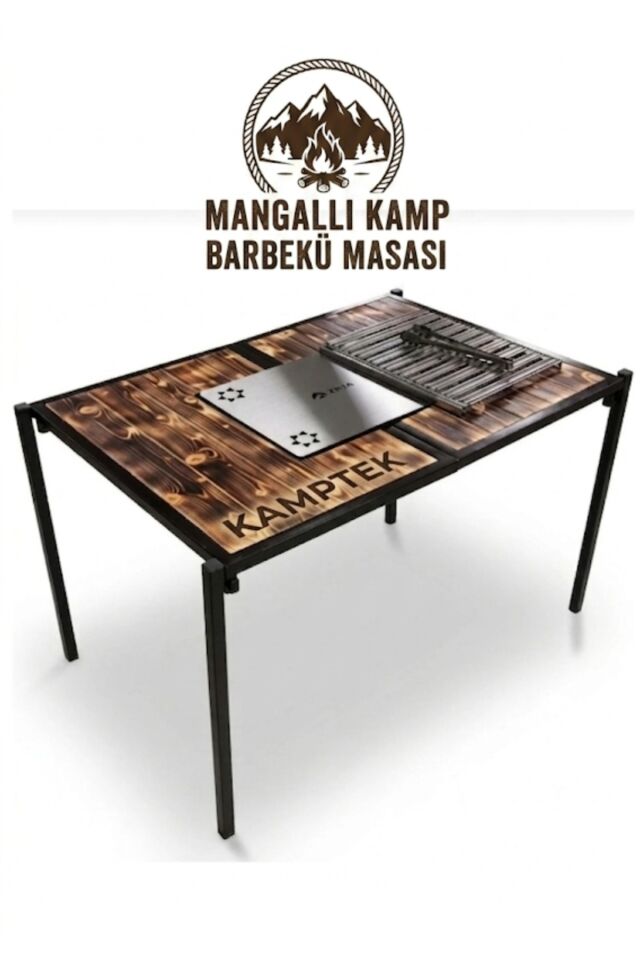Kamp Masası Barbekü 180° Açılır 2'si 1 Arada Piknik Masası - Izgaralı Kamp Mutfak Masası