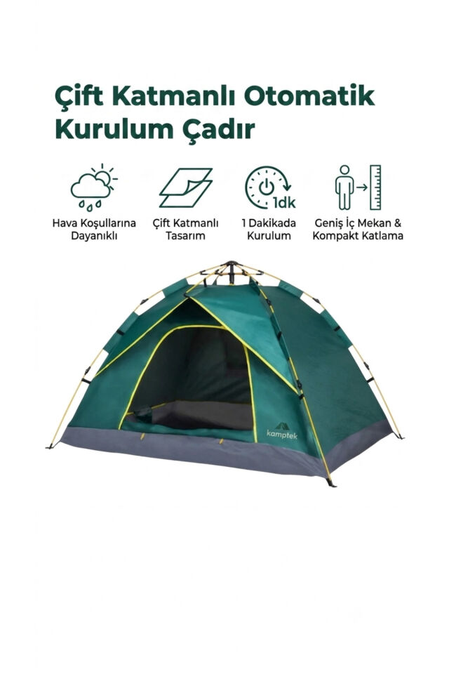 Kamptek Outdoor 4 Kişilik Otomatik Kurulum Kamp Çadırı - Çift Katmanlı, Su Geçirmez, 220x200x140 cm