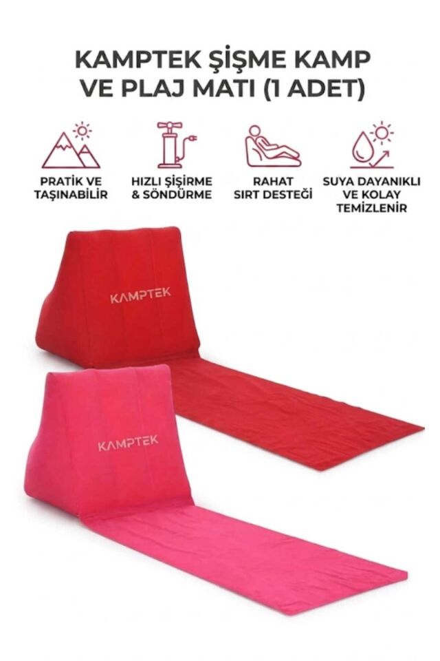Kamptek Outdoor Sırt Destekli Şişme Plaj Kamp Matı - Taşınabilir Katlanabilir Konforlu Deniz Minderi