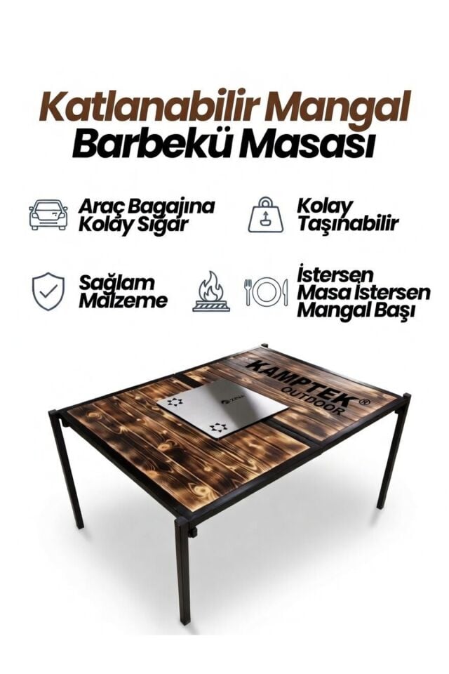 Taşınabilir Kamp Masası - Katlanır Ahşap Piknik Masası, Çıkarılabilir Mangal Izgara Kamp ve Piknik