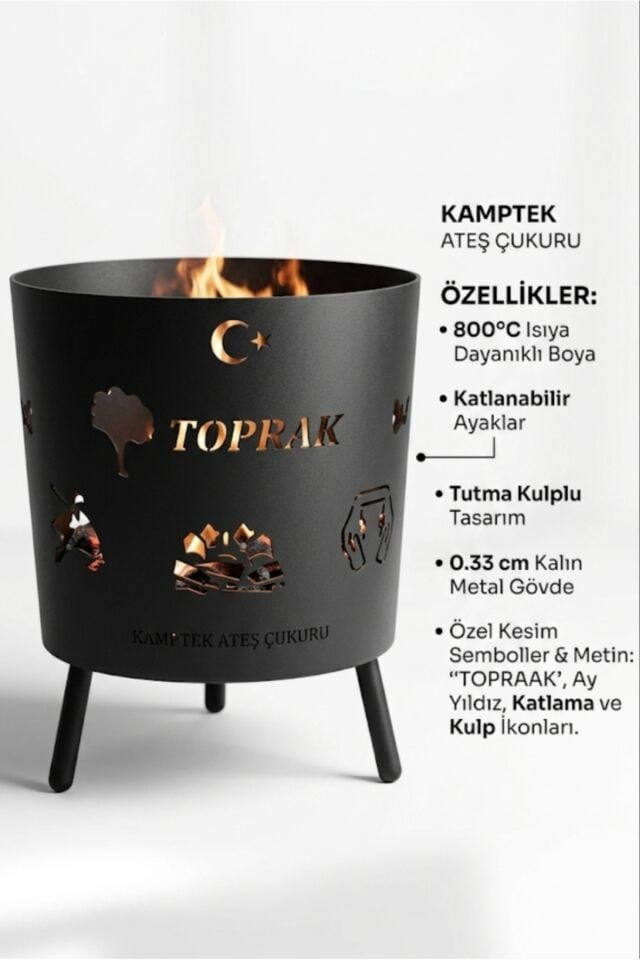Pro Kalın Metal Ateş Çukuru - Kamp & Bahçe Şöminesi - Ayaklı Doğa Ateş Çukuru Figürlü Orta Boy