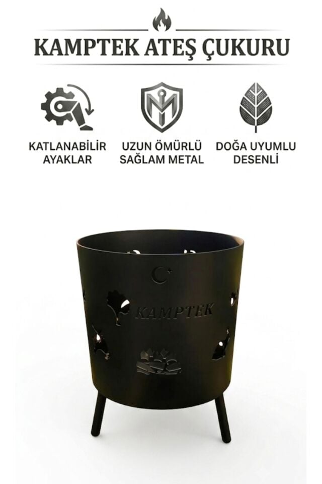 Pro Kalın Metal Ateş Çukuru - Kamp & Bahçe Şöminesi - Ayaklı Doğa Ateş Çukuru Figürlü Orta Boy