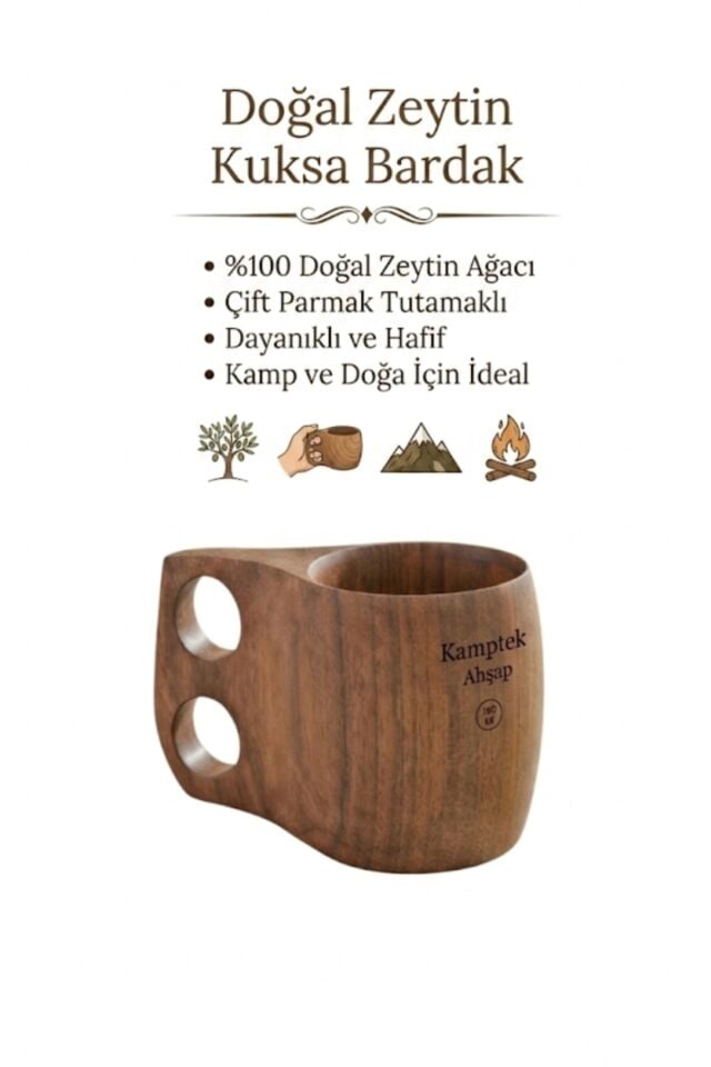 Kamptek Ahşap 180 ml Çift Delikli Kulplu Kuksa Kupa - Doğal Ceviz, Kamp Piknik Hediyelik 2 Adet Set