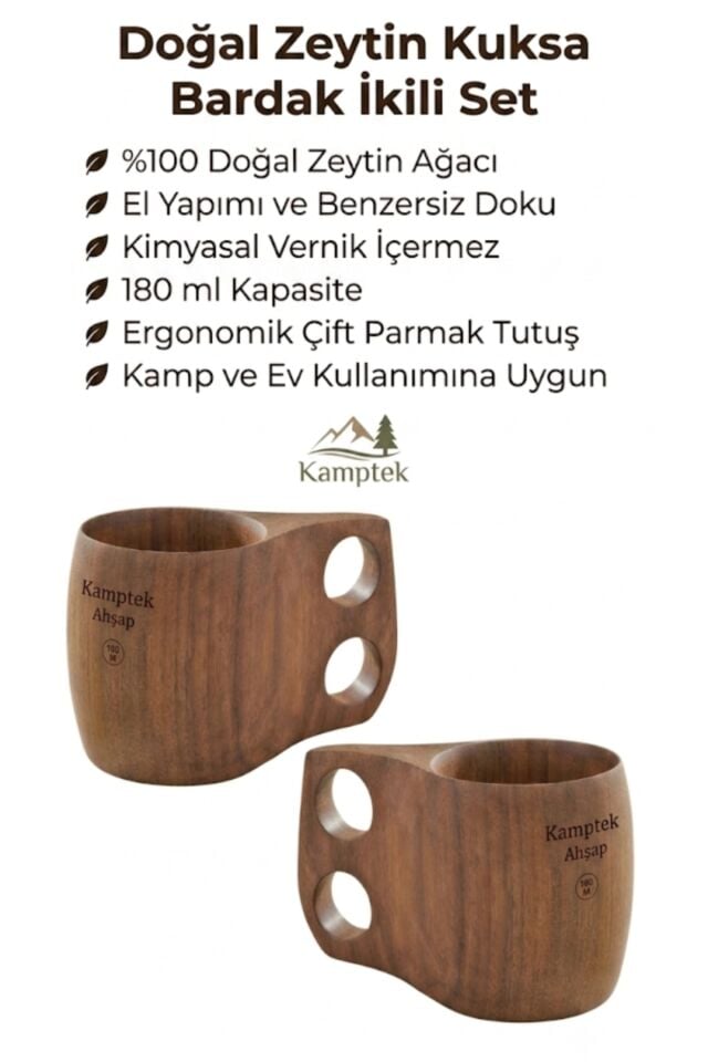 Kamptek Ahşap 180 ml Çift Delikli Kulplu Kuksa Kupa - Doğal Ceviz, Kamp Piknik Hediyelik 2 Adet Set