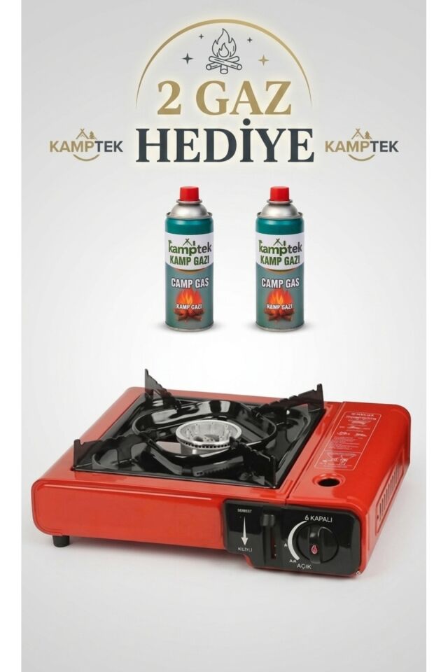 KAMPTEK Profesyonel Portatif Kamp Ocağı Kırmızı | Stop Emniyet + Çakmak Ateşleme + Hediyeli Çanta