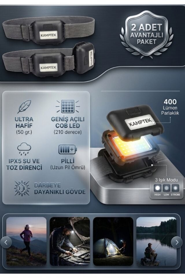 PİLLİ KAFA LAMBASI – 2 Adet Set | Pratik Aydınlatma 3 Fonksiyonlu Minimal Tasarım Kafa Lambası