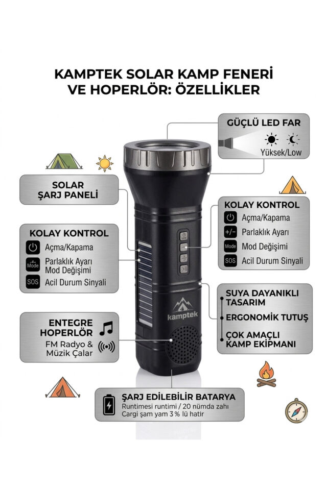 Kamptek Çok Fonksiyonlu Solar El Feneri – Radyo + Powerbank + LED Işık Deprem Çantalık