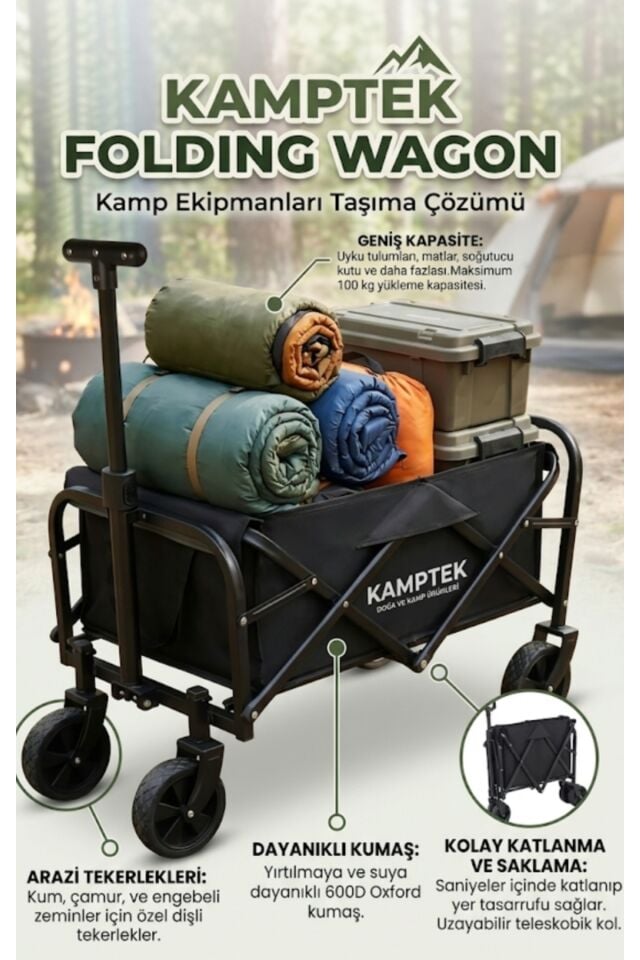 Kamptek Pratik Taşıma Arabası - Piknik, Kamp ve Alışveriş İçin Katlanabilir Vagon Orta Plaj Doğa Arazi Arabası