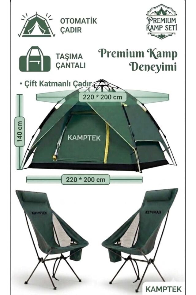 Kamptek 3 Parça Premium Kamp Doğa Seti Otomatik Çadır ve 2'li Konfor Sandalyesi Yeşil Set