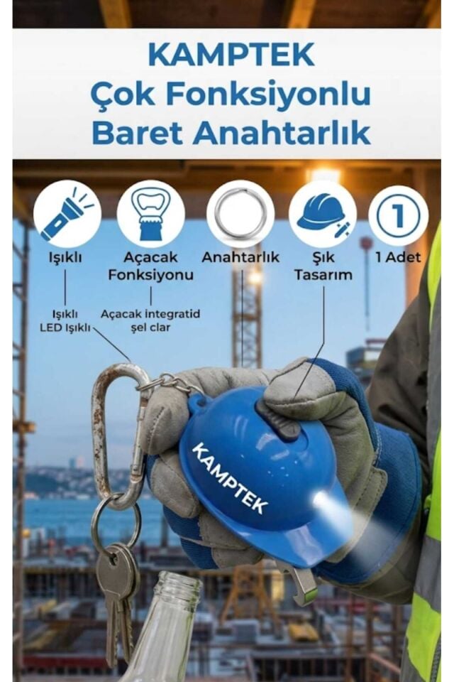 Baret Tasarım Anahtarlık Açacak Fonksiyonlu Işıklı Tasarım Anahtarlık Baret Mavi