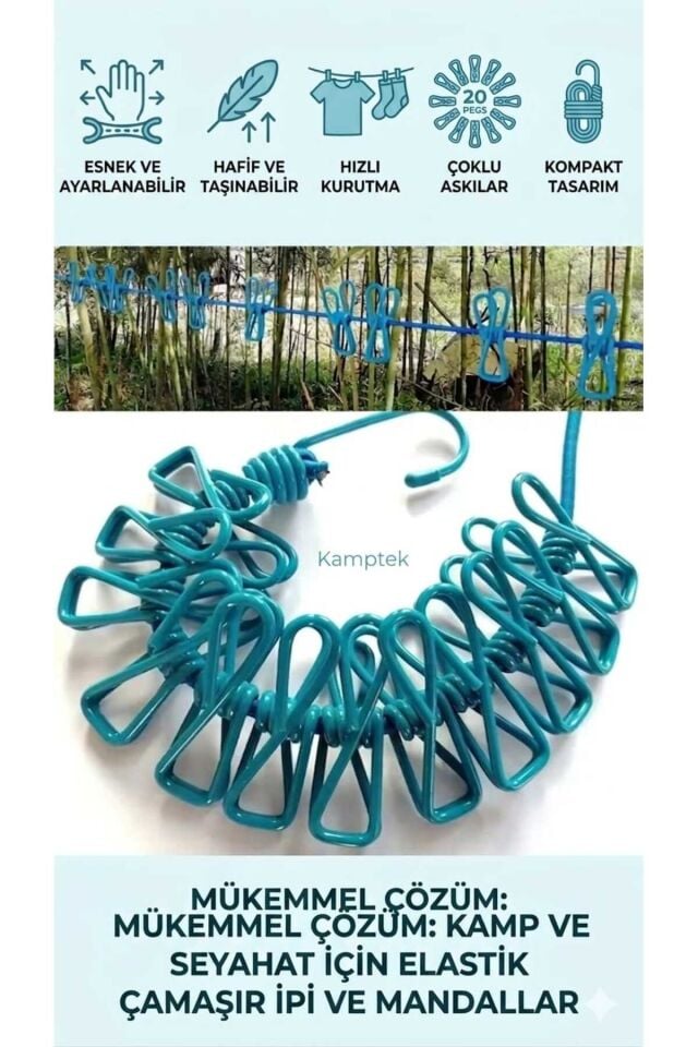 Kamp Bahçe Seyahat Piknik Çok Amaçlı Çamaşır Asma İpi Plastik Kendinden Mandallı
