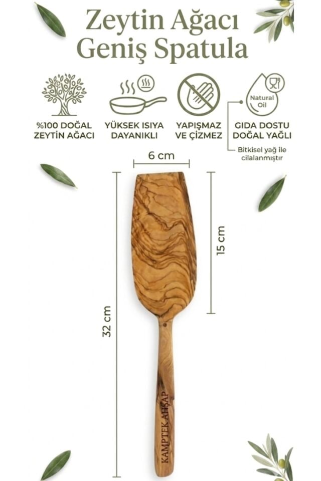 Kamptek Ahşap Doğal Zeytin Ağacından Büyük Geniş Spatula 31 cm
