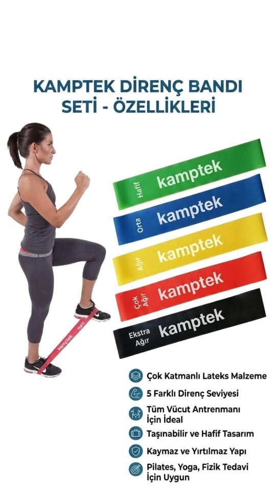Kamptek Profesyonel Antrenman Bandı Seti (5'li) - Pilates, Fitness ve Egzersiz Direnç Lastiği Seti