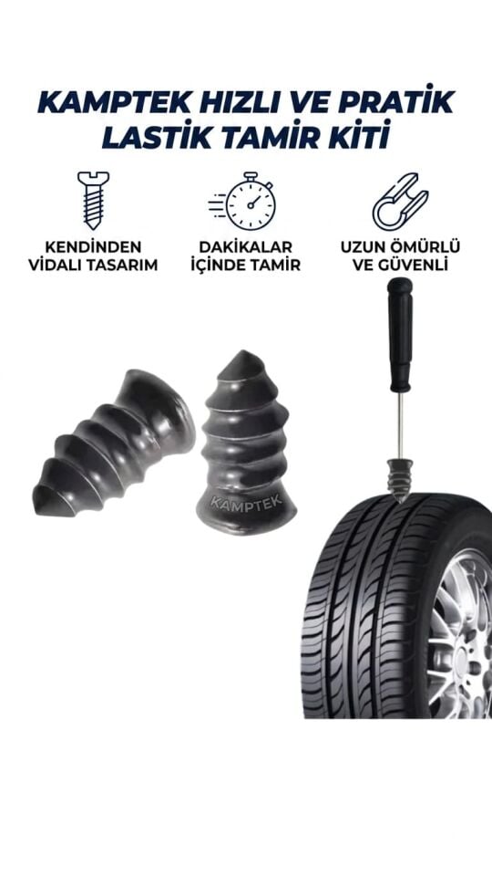 Kamptek Kendinden Vidalı Lastik Tamir Kiti - Pratik Tubeless Patlak Lastik Tamir Yaması Vidası (Siyah)