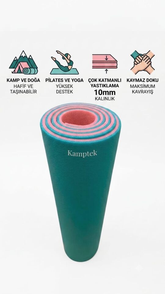 Premium Pilates & Yoga Kamp Matı – 10 mm Kaymaz, Darbe Emici Çift Renkli (Pembe & Turkuaz) 180×60 cm