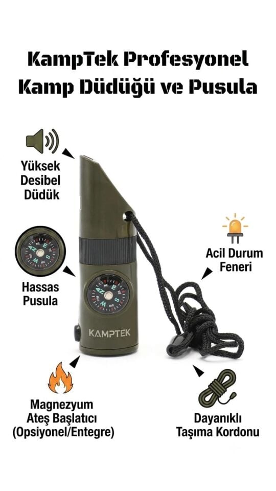 Kamptek 7 Fonksiyon 1 Arada Çok Amaçlı Kamp Düdüğü - Hassas Pusula, Termometre ve Büyüteçli Hayatta Kalma Düdüğü (Asker Yeşili)