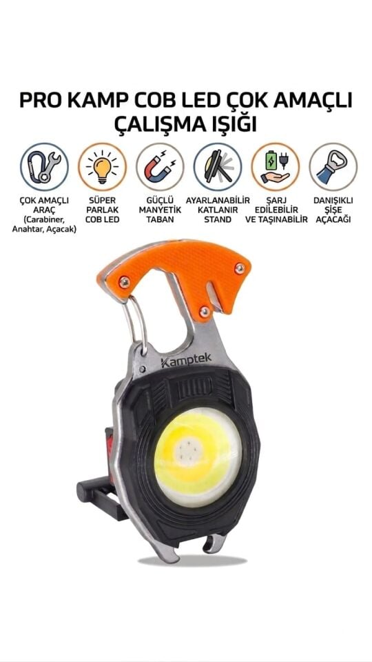 Pro Kamp Feneri Çok Amaçlı Kamp Lambası - Şarj Edilebilir COB LED Anahtarlık Çalışma Işığı, Çakmaklı ve Emniyet Kemer Kesicili EDC Cep Feneri