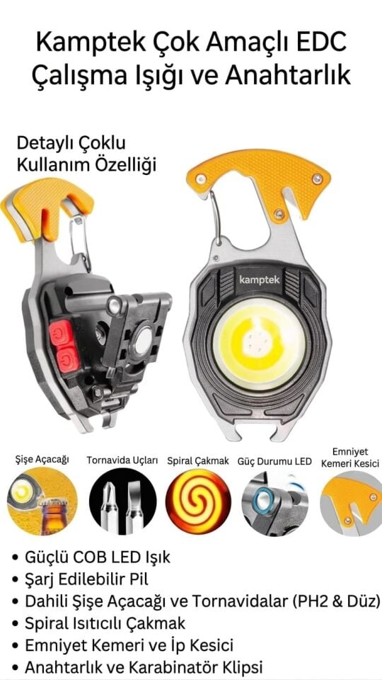 Pro Kamp Feneri Çok Amaçlı Kamp Lambası - Şarj Edilebilir COB LED Anahtarlık Çalışma Işığı, Çakmaklı ve Emniyet Kemer Kesicili EDC Cep Feneri