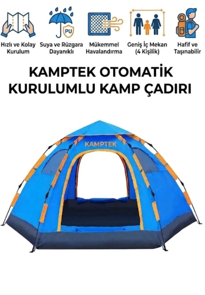 Kamptek Hızlı Kurulumlu Pop-Up Kamp Çadırı - Otomatik Mekanizmalı Kubbe Çadır Altıgen Ferah Deprem Aile Çadırı240*240*160