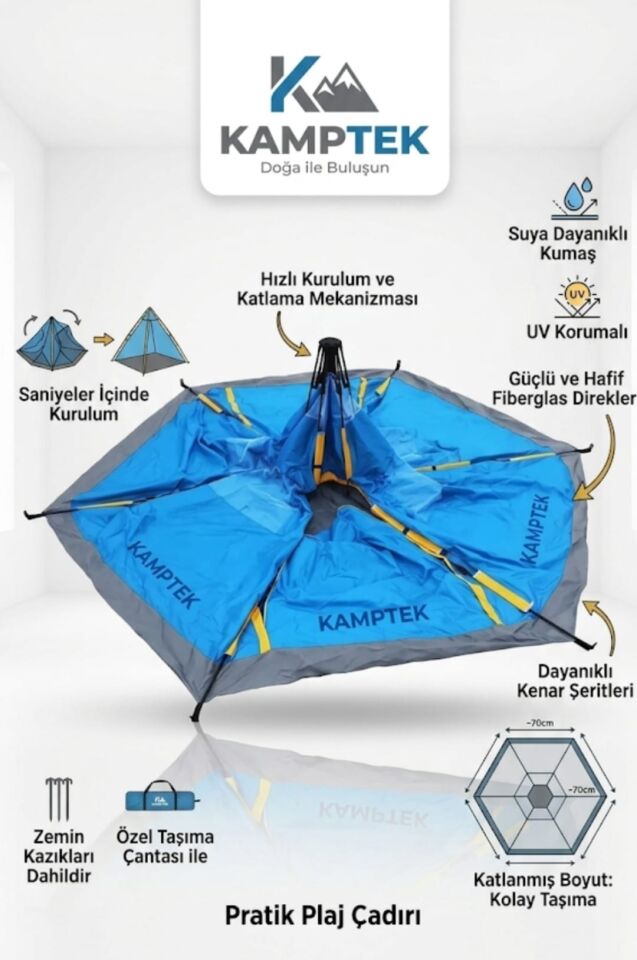 Kamptek Hızlı Kurulumlu Pop-Up Kamp Çadırı - Otomatik Mekanizmalı Kubbe Çadır Altıgen Ferah Deprem Aile Çadırı240*240*160