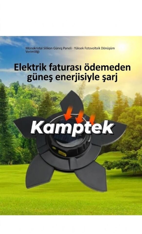 Kamptek Akıllı Güneş Enerjili Kamp Aydınlatması - Katlanabilir Taşınabilir Şarjlı Kamp Lambası Feneri Pervane Model Fonksiyonel Işıldak