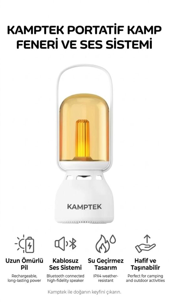 Kamptek 2'si 1 Arada Portatif Kamp Feneri Ve Bluetooth Hoparlör Ses Sistemi - IPX4 Su Geçirmez Şarjlı Işık Filamanlı Lamba