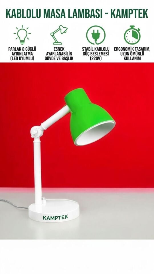Esnek Gövdeli Kablolu Masa Lambası Yeşil - 220V LED Uyumlu Çalışma ve Okuma Lambası Masa Lambası Gece Lambası