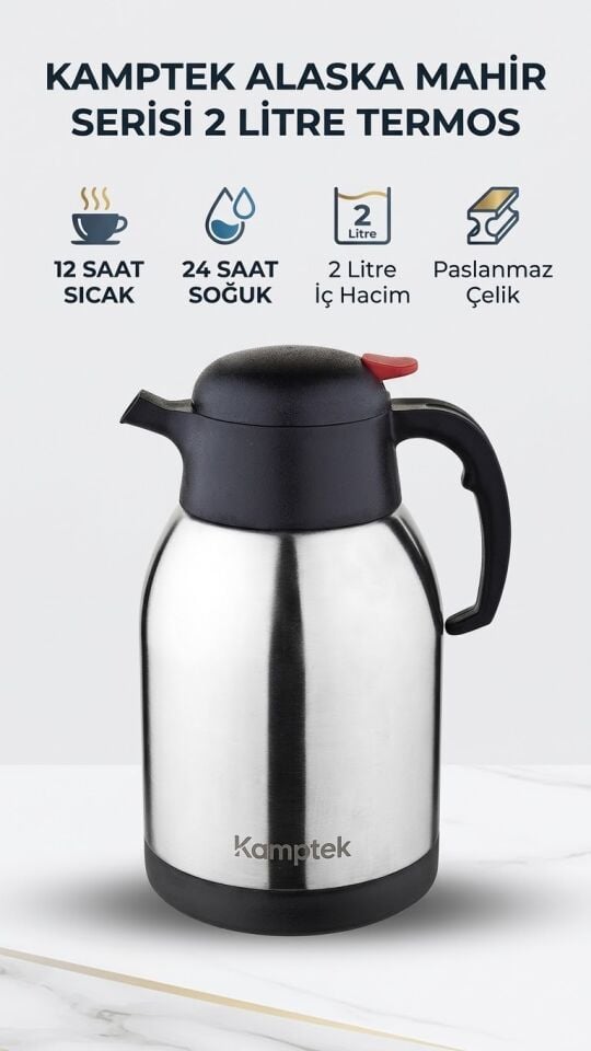 Kamptek Alaska Mahir Serisi 2 Litre Çelik Termos - 12 Saat Sıcak 24 Saat Soğuk Tutma Özellikli Çay Kahve İçecek Termosu