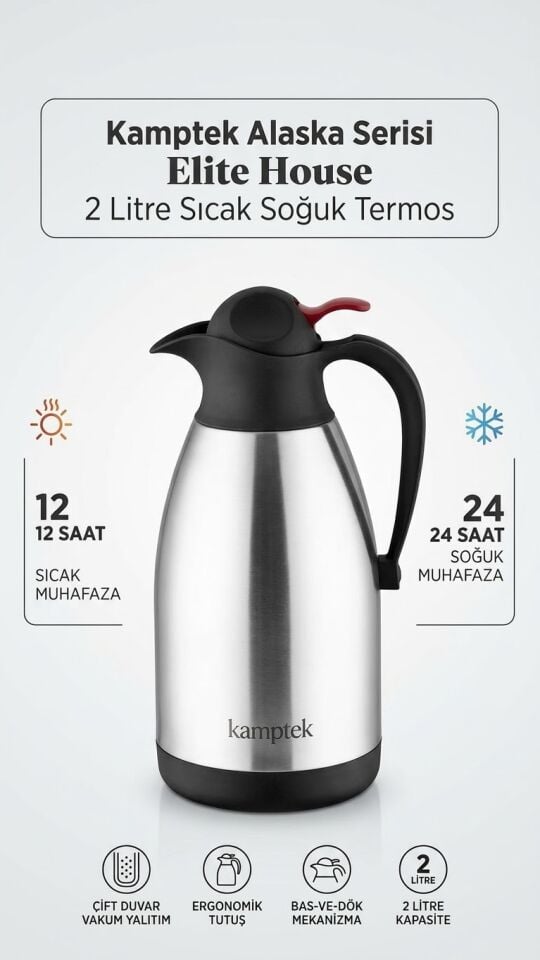Kamptek Alaska Serisi Elite House Çift Duvar Vakum Yalıtımlı Paslanmaz Çelik Termos Sürahi - 2 Litre Sıcak/Soğuk Muhafazalı