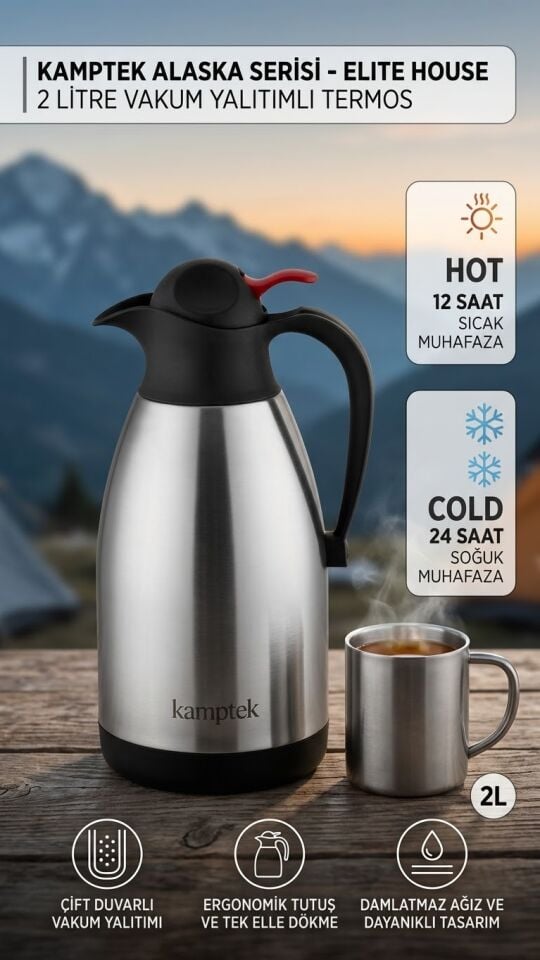 Kamptek Alaska Serisi Elite House Çift Duvar Vakum Yalıtımlı Paslanmaz Çelik Termos Sürahi - 2 Litre Sıcak/Soğuk Muhafazalı