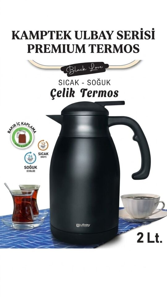 Kamptek Ulbay Serisi Premium Çelik Termos 2 Litre - Bakır İç Kaplamalı Çift Katmanlı Siyah Sürahi Termos (Black Love)