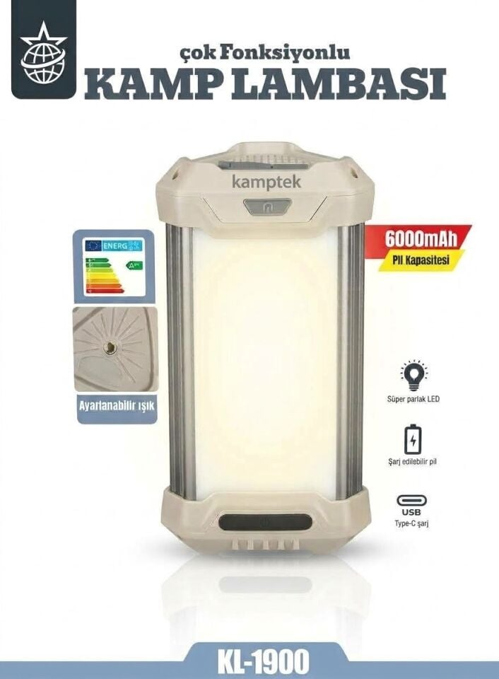 amptek KL-1900 Ayarlanabilir Işıklı LED Kamp Lambası - Type-C Şarjlı 6000mAh Güçlü Pil Dağcılık Avcılık Tripot Bağlantılı Fener Profesyonel