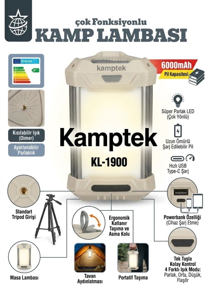 amptek KL-1900 Ayarlanabilir Işıklı LED Kamp Lambası - Type-C Şarjlı 6000mAh Güçlü Pil Dağcılık Avcılık Tripot Bağlantılı Fener Profesyonel
