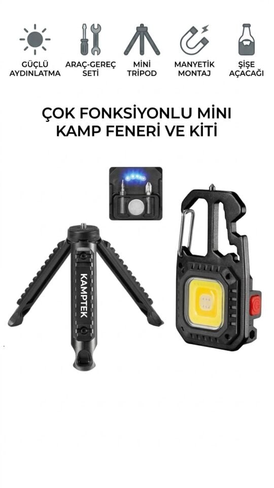Kamptek 4 Fonksiyonlu Taşınabilir Cep Feneri - Tripodlu, Şişe Açacaklı, Mıknatıslı Şarjlı Anahtarlık Lamba Fonksiyonel Lamba Işıldak