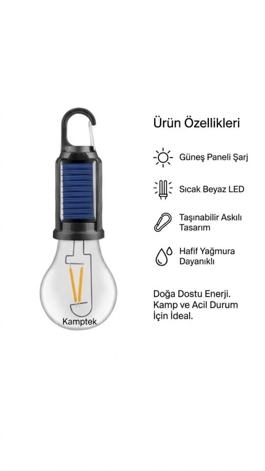 Kamptek Güneş Enerjili LED Kamp Lambası - Hibrid Şarjlı Taşınabilir Çadır Aydınlatması, Askılı Kamp Ampulü Güneş Enerjili Ampül Lamba
