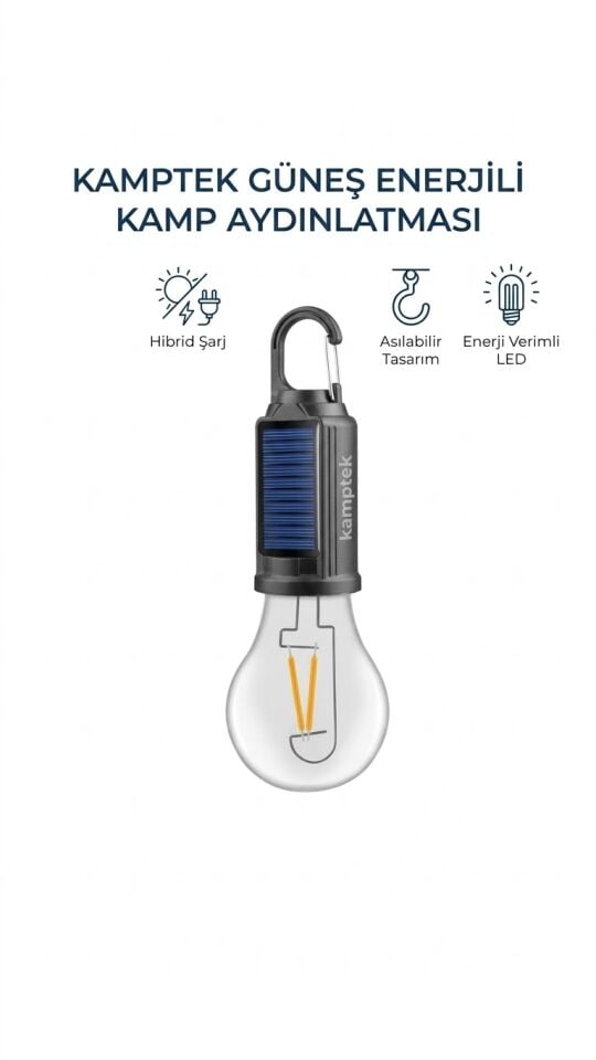 Kamptek Güneş Enerjili LED Kamp Lambası - Hibrid Şarjlı Taşınabilir Çadır Aydınlatması, Askılı Kamp Ampulü Güneş Enerjili Ampül Lamba