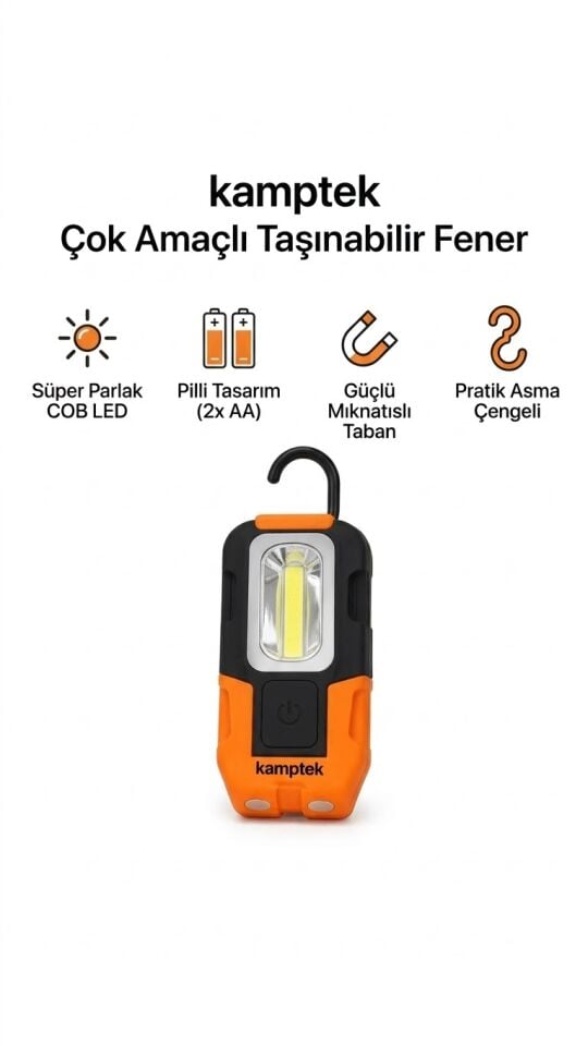 Kamptek Çok Amaçlı Kamp Lambası - COB LED Mıknatıslı El Feneri Askılı Taşınabilir Işıldak Gece Lambası Otomobil Tamirci Işığı Pilli