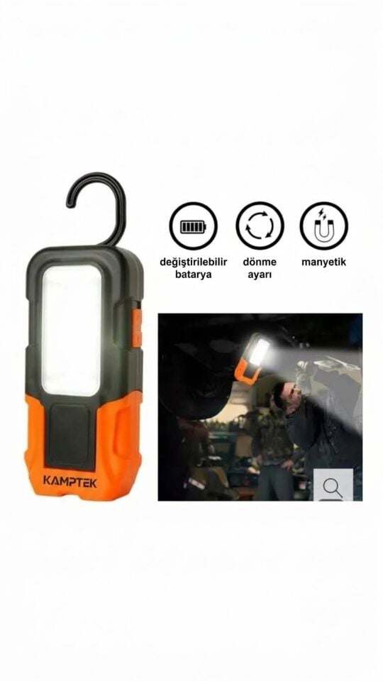 Kamptek Çok Amaçlı Kamp Lambası - COB LED Mıknatıslı El Feneri Askılı Taşınabilir Işıldak Gece Lambası Otomobil Tamirci Işığı Pilli