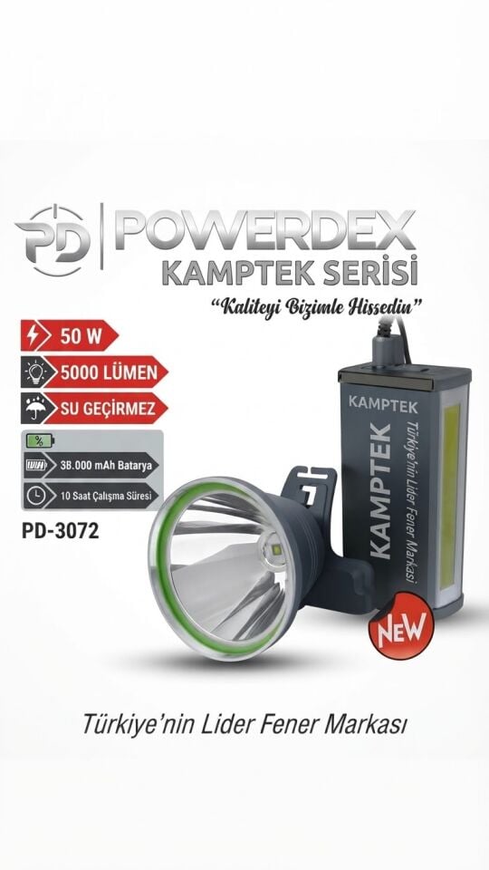 Powerdex PD-3072 Kamptek Serisi 50W 5000 Lümen Su Geçirmez Kafa Lambası - 38.000 mAh Bataryalı Kamp Feneri Balıkçı Avcılık Dağcılık Profesyonel Fener