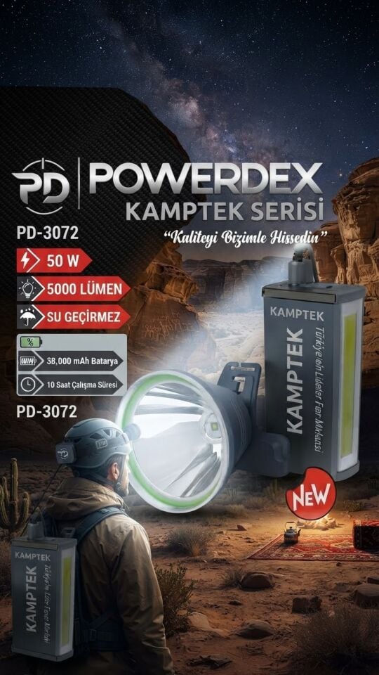 Powerdex PD-3072 Kamptek Serisi 50W 5000 Lümen Su Geçirmez Kafa Lambası - 38.000 mAh Bataryalı Kamp Feneri Balıkçı Avcılık Dağcılık Profesyonel Fener