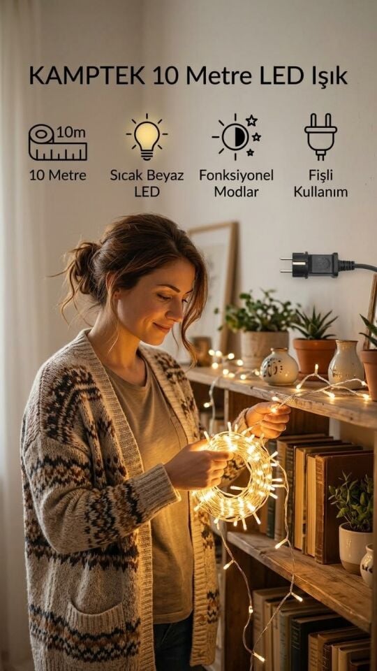 Kamptek 10 Metre LED Işık Sıcak Beyaz Fonksiyonel Modlu Fişli Peri Işık Yılbaşı Ev Dekor Süsleme Dış Mekan Işıklandırma Parti Süsleme Fonksiyonel Işık